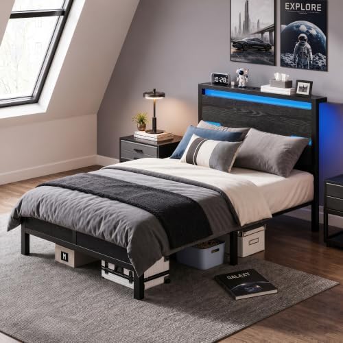 Bed frame with storage headboard — LED headboard — black