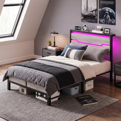 Bed frame with storage headboard — LED headboard — gray
