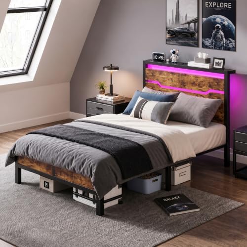 Bed frame with storage headboard — LED headboard — rustic brown