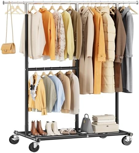 Rolling clothes rack — 450 lbs, 2 rods — black