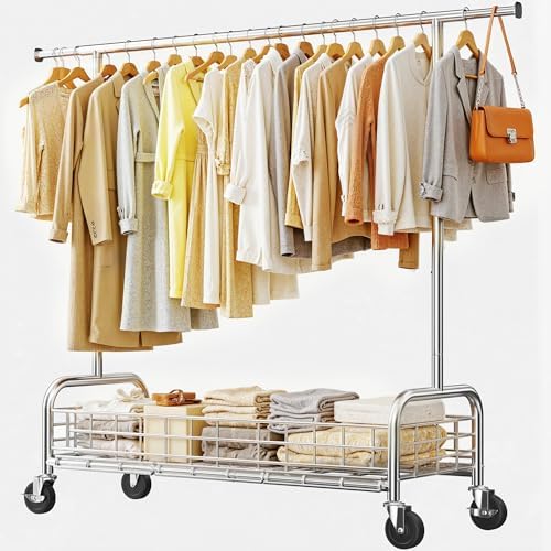 Rolling clothes rack — 485 lbs, storage basket — chrome