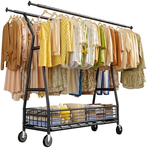 Rolling clothes rack — 630 lbs, 2 rods, storage basket — black