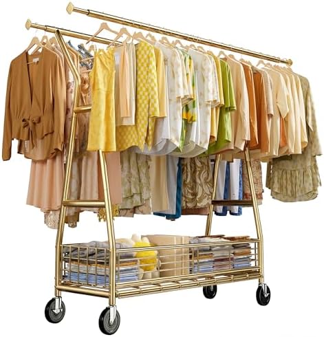 Rolling clothes rack — 630 lbs, 2 rods, storage basket — gold