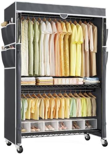 Rolling clothes rack with cover — 2 rods, 2 shelves — black