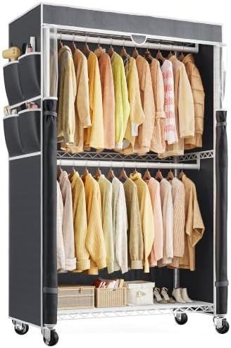 Rolling clothes rack with cover — 2 rods, 2 shelves — white