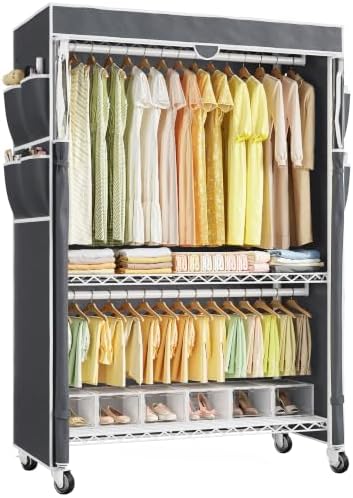 Rolling clothes rack with cover — 2 rods, 2 shelves — white