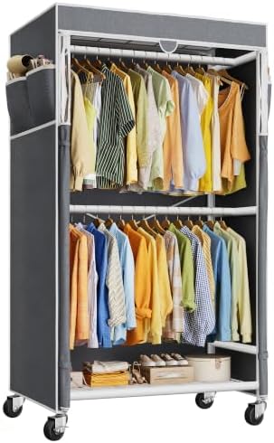 Rolling clothes rack with cover — 35.4 wide — white