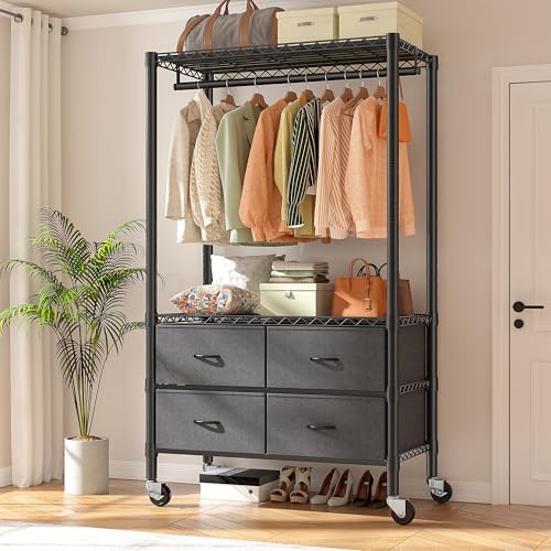 Rolling portable closet — 450 lbs, 4 shelves, 4 drawers — black
