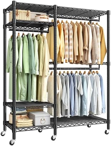 Rolling portable closet — 780 lbs, 3 rods, 6 shelves — black
