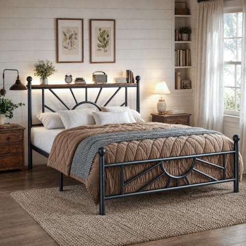 Sunburst metal platform bed — LED headboard — black