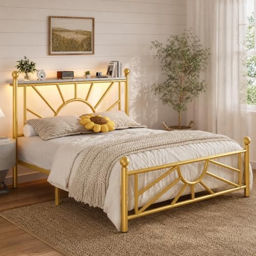 Sunburst metal platform bed — LED headboard — gold
