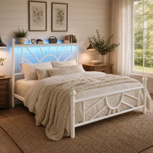 Sunburst metal platform bed — LED headboard — white